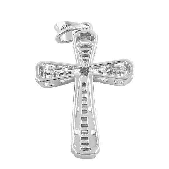 Sterling Silver Modern Cross Round and Rectangular Cut Clear CZ Necklace Pendant - Picture 3 of 4